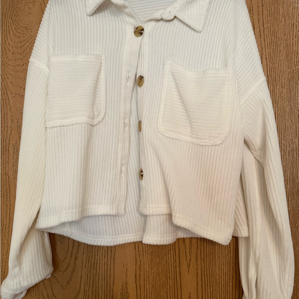 White Ribbed Button-Up Jacket